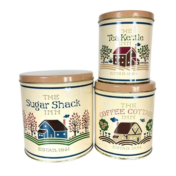 VTG Farmhouse Nesting Set of Three Tins Tea Kettle Coffee Cottage Sugar Shack - Picture 1 of 12